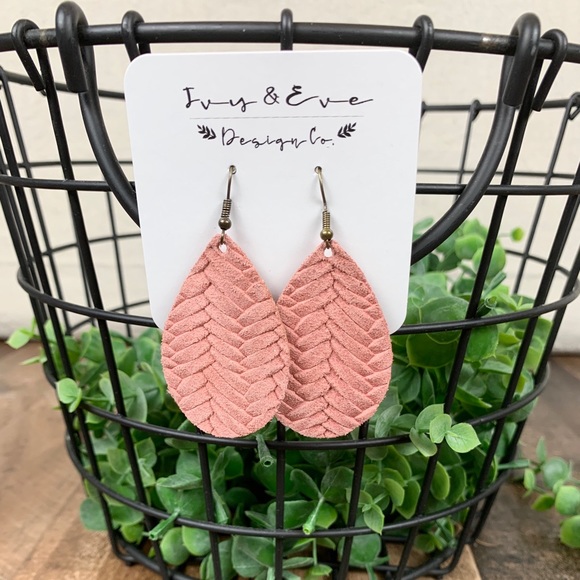 Genuine Leather Blush Pink Braided Earrings - Picture 2 of 2